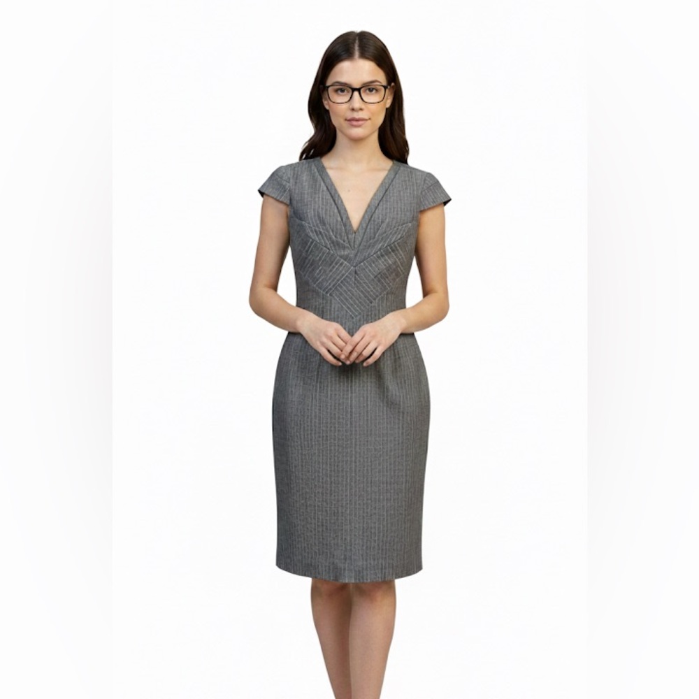 Suzy Shier Grey Pleated Bodice V Neck Pin Stripe Fitted Dress Size Small - Picture 1 of 12